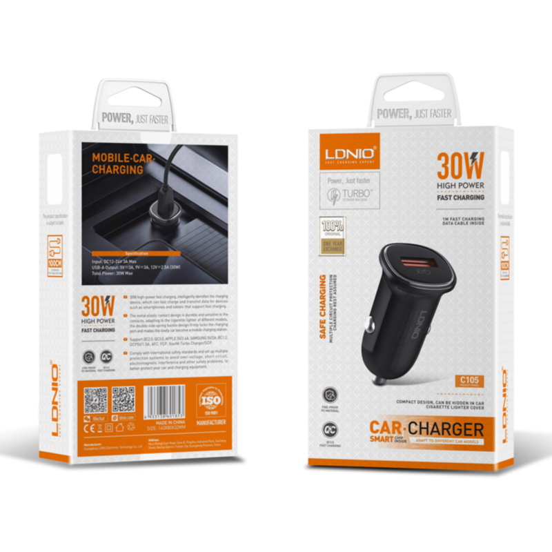 Punjač za iPhone sa kabelom Lightning 30W 1m crni - Ldnio C105I