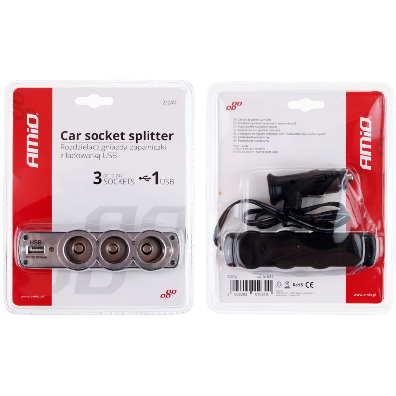 Adapter upaljača sa 3 ulaza i USB-om 12/24V - Amio 01031 - Image 2