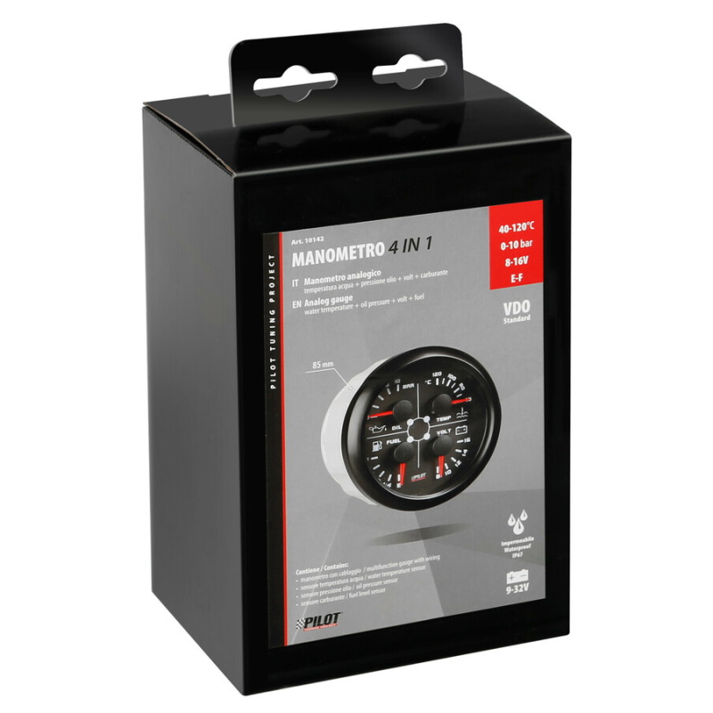 Crni analogni sat 4u1 merač temperature vode / pritiska ulja / goriva / voltmetar (cajger) fi 85mm - Lampa 10142 - Image 3